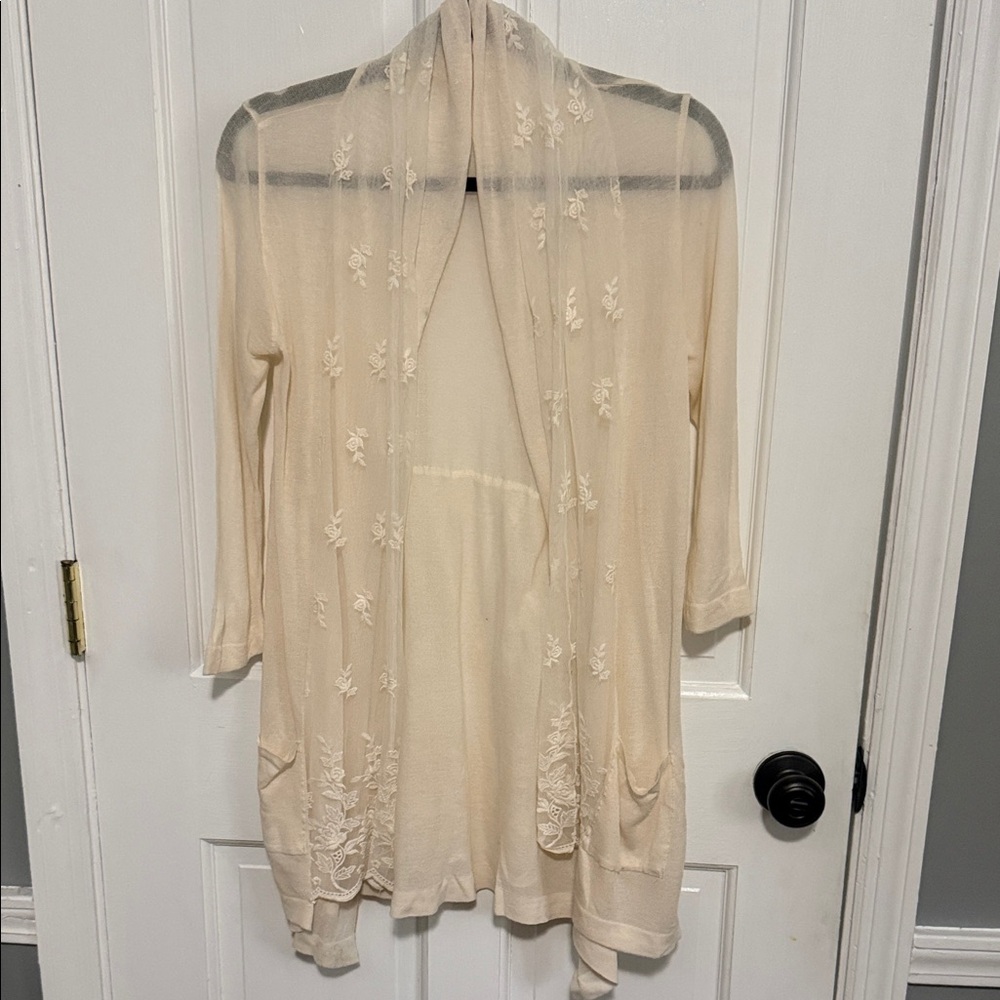 Light Embroidered Open Front Cardigan - Cream